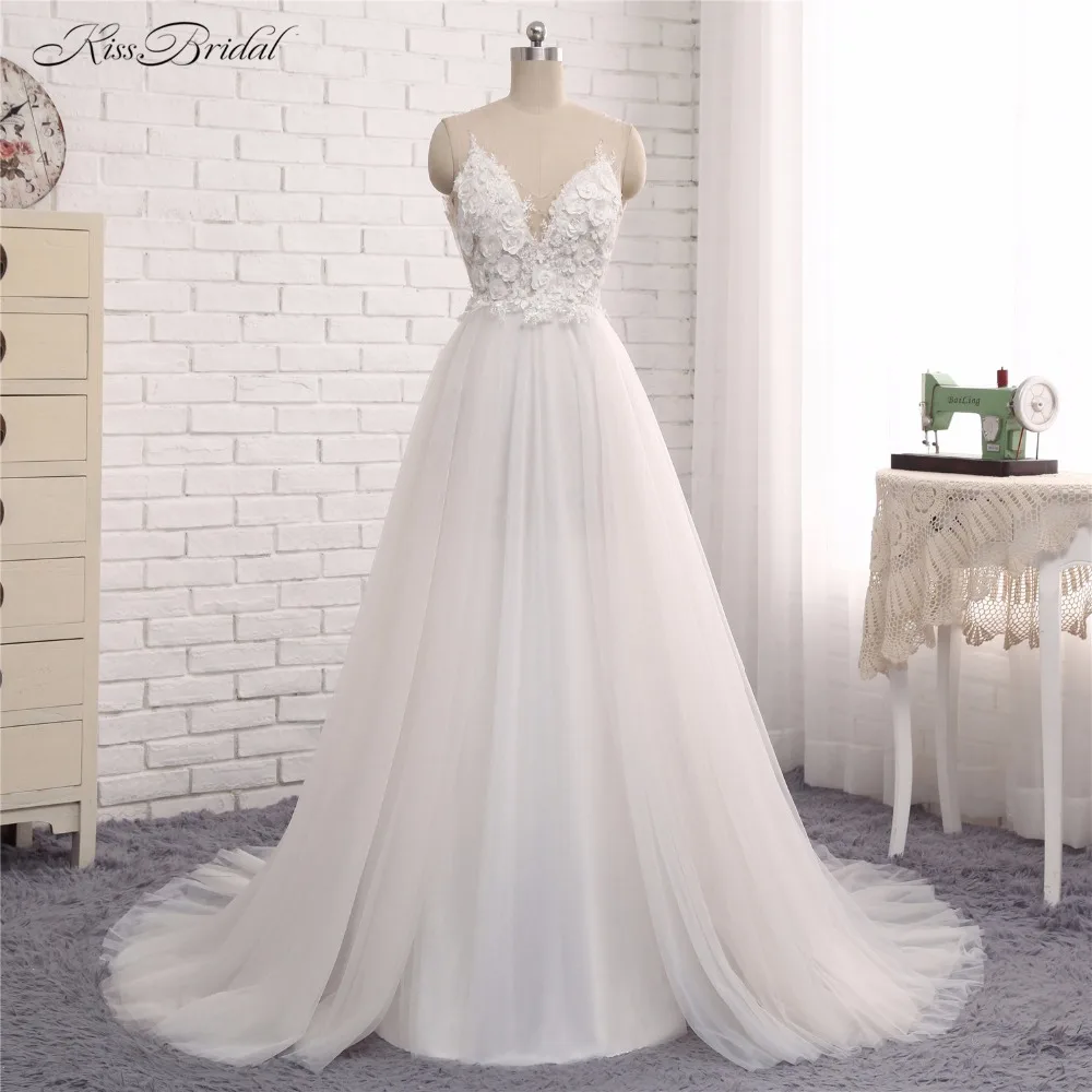 

Sheer Illusion Wedding Dresses Vestido de Noiva 2017 A Line Handmade Flower Tulle Bridal Gown with Key Hole Back Robe de Mariee
