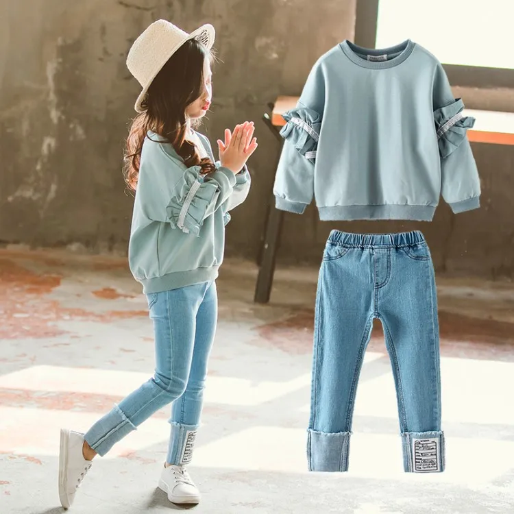 Комплект одежды для девочек детский модный топ и джинсы комплект из двух