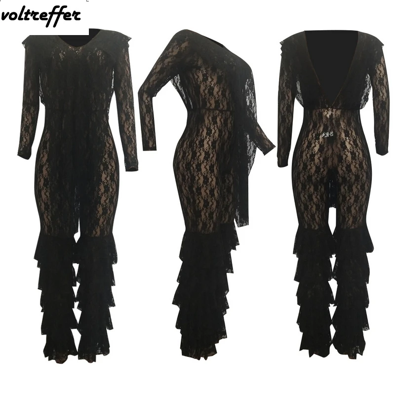 2019 Spring V Neck Lace Jumpsuits For Women Ruffles Bell Bottom Pants Crochet Sheer Backless Rompers Sexy Lantern Mono Mujer | Женская