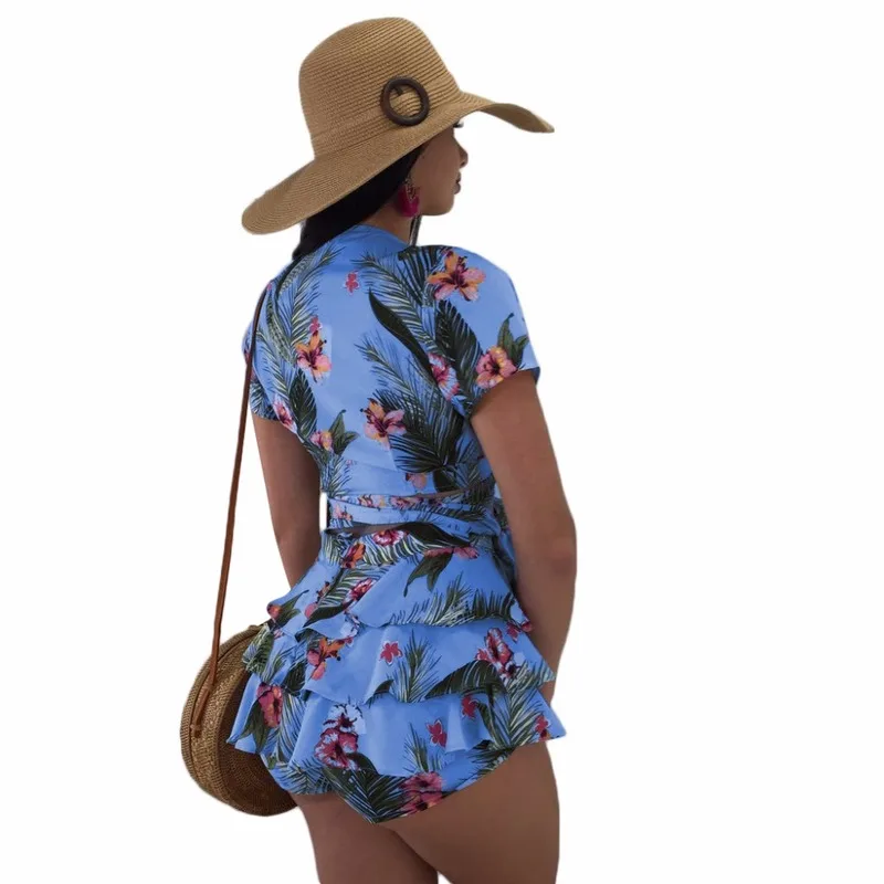 Спортивные костюмы с цветочным принтом и оборками Женский комплект Летние