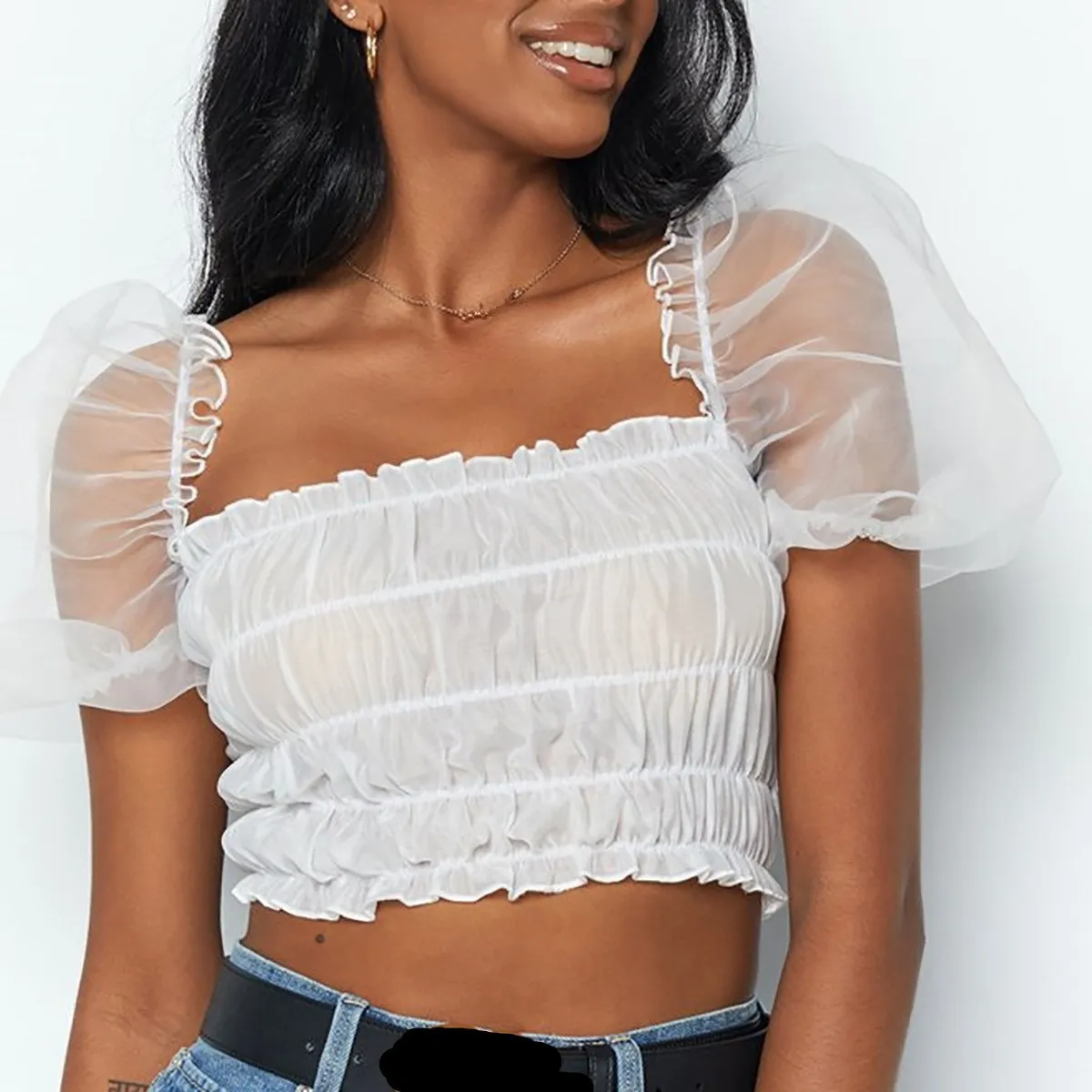 Женская Прозрачная Футболка с квадратным вырезом обтягивающая белая футболка