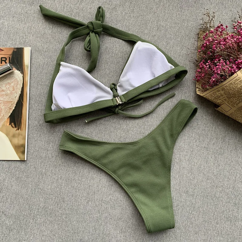 Bikinx бразильские микро-бикини в рубчик розовый сексуальный купальник женский купальный костюм Холтер пуш-ап женский купальник с высоким вырезом купальный костюм