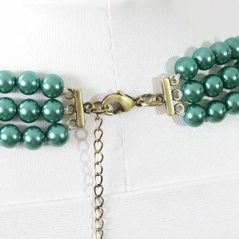 

Malachite green earrings necklace 3rows round shell simulated-pearl square crystal wedding anniversary jewwelry 18-21.5inch B999