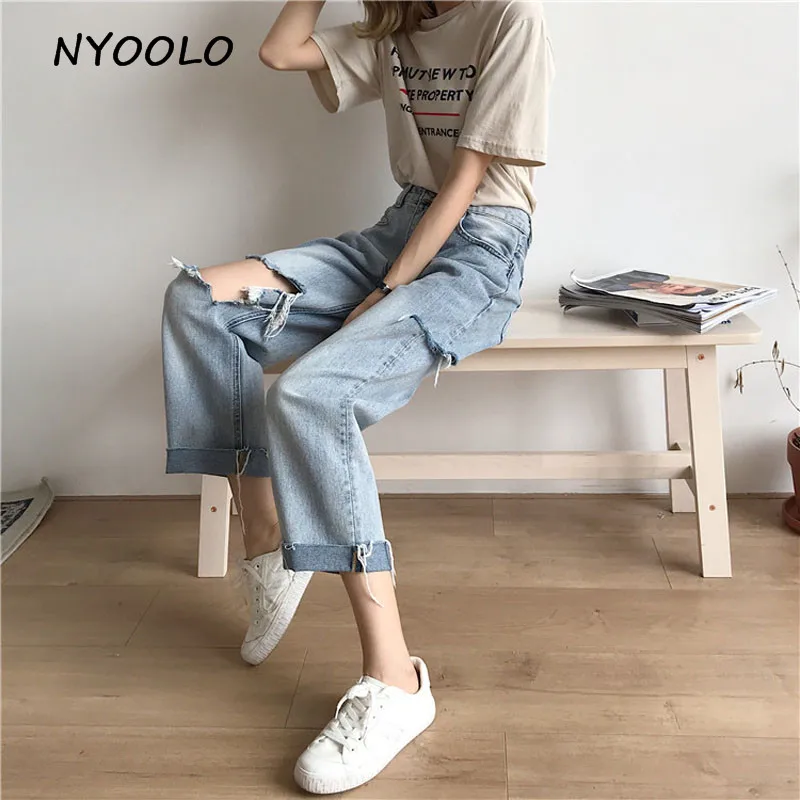 NYOOLO High street 2018 женские рваные свободные прямые джинсовые брюки бойфренды джинсы