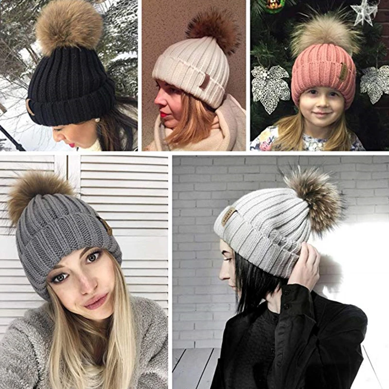 Furtalk Реального Меховая Шапка Вязаная Реальный Большой Енота Pom Pom Hat женщины Зимняя Шапка Унисекс ДетиТеплый Коренастый Толстая Эластичный вязать