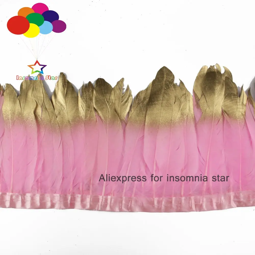 

2 Meter light pink colored Goose feather fringe paint gold tips Feathers Trims with Satin Ribbon Tape center plumas faisan view