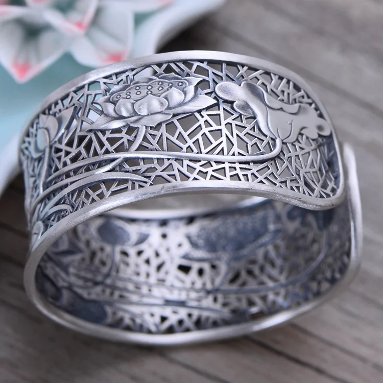 KJJEAXCMY fine jewelry S999 sterling silver retro taiyin hollow-out lotus flower female style bracelets fashion wi | Украшения и