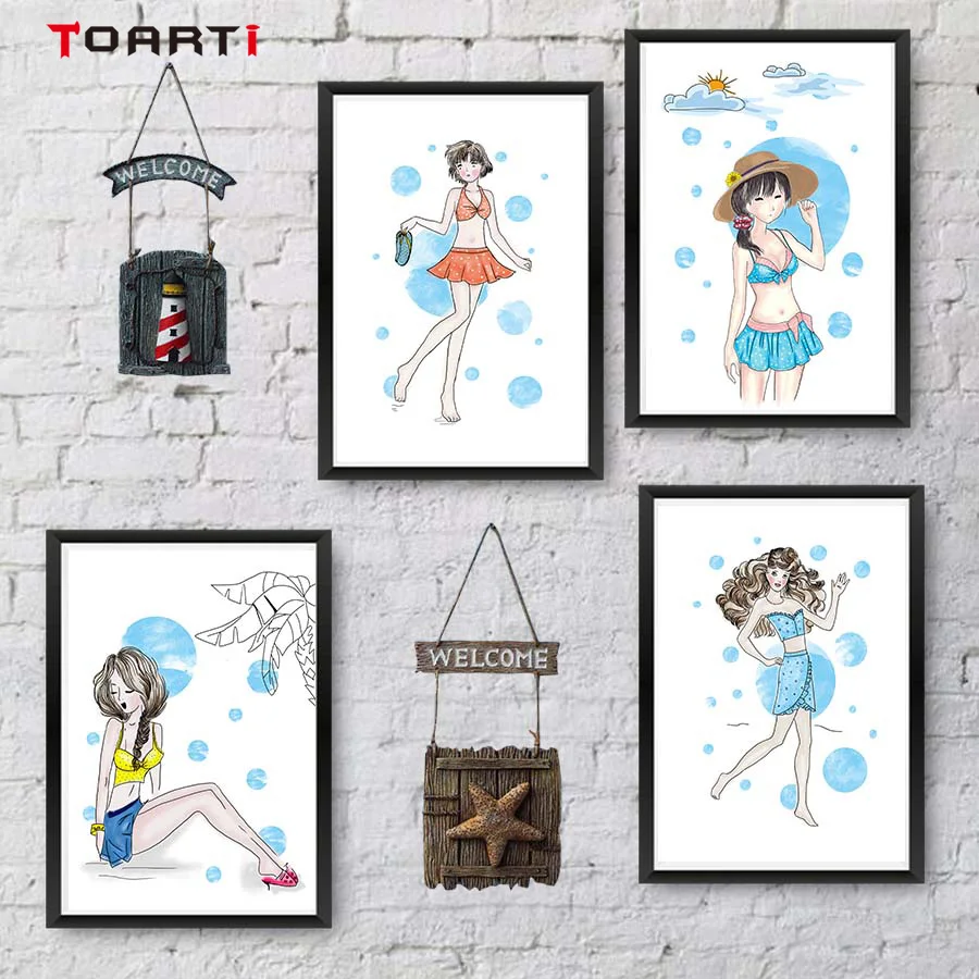 Sweet Girls Swimsuit Show Wall Art Colorful Cartoon Canvas Painting Modern Pictures Vintage Posters&ampPrints Room Home Decor | Дом и сад