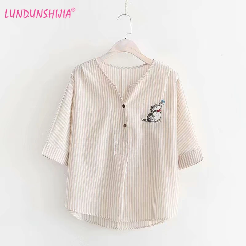 Blusas LUNDUNSHIJIA летняя женская блузка с коротким рукавом милым котом и вышивкой