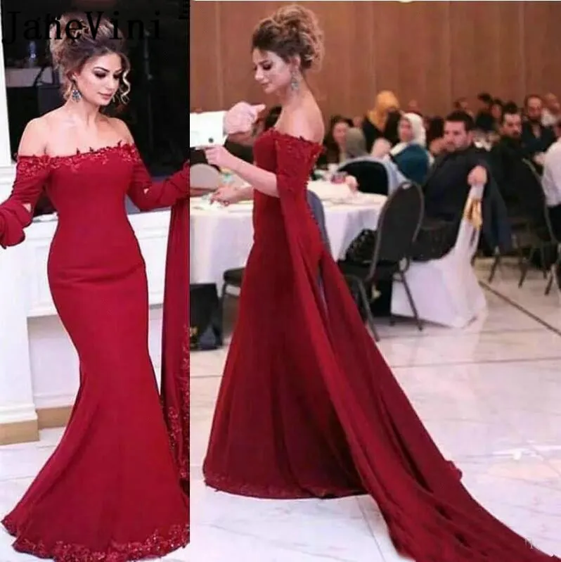 

JaneVini Arabic Burgundy Elegant Evening Dress Long 2019 Mermaid Beaded Boat Neck Prom Gowns Formal Party Dress Vestido Noite