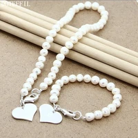 doteffil natural pearl 8mm beaded chain 925 sterling silver heart pendant necklace bracelet set for women wedding jewelry