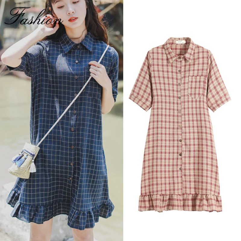 Женское клетчатое платье с коротким рукавом милое в корейском и японском стиле