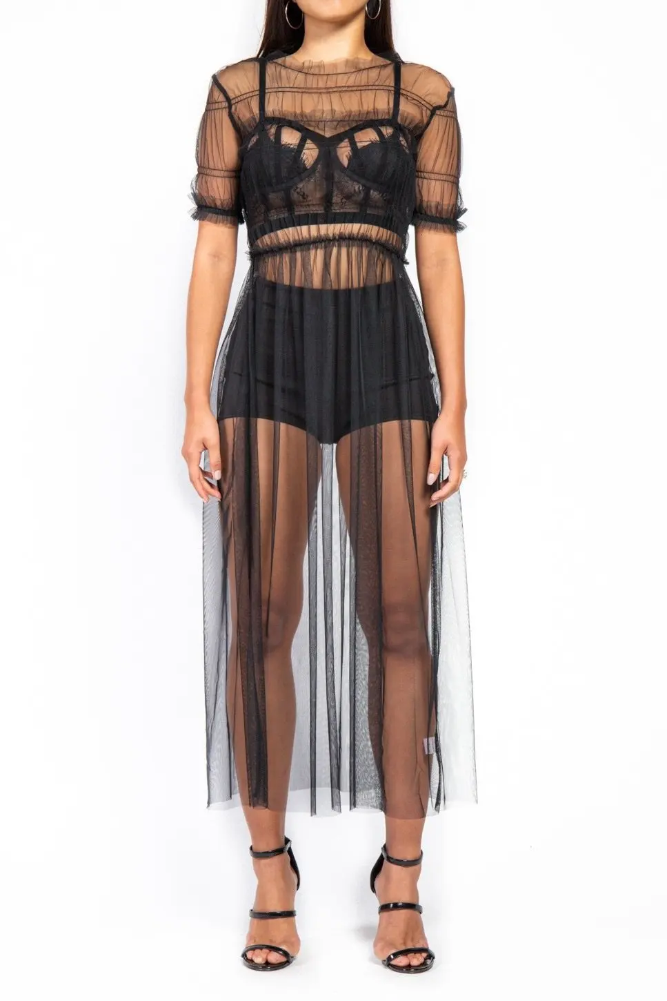 Платье BKLD женское Прозрачное платье с коротким рукавом и о-вырезом сексуальная