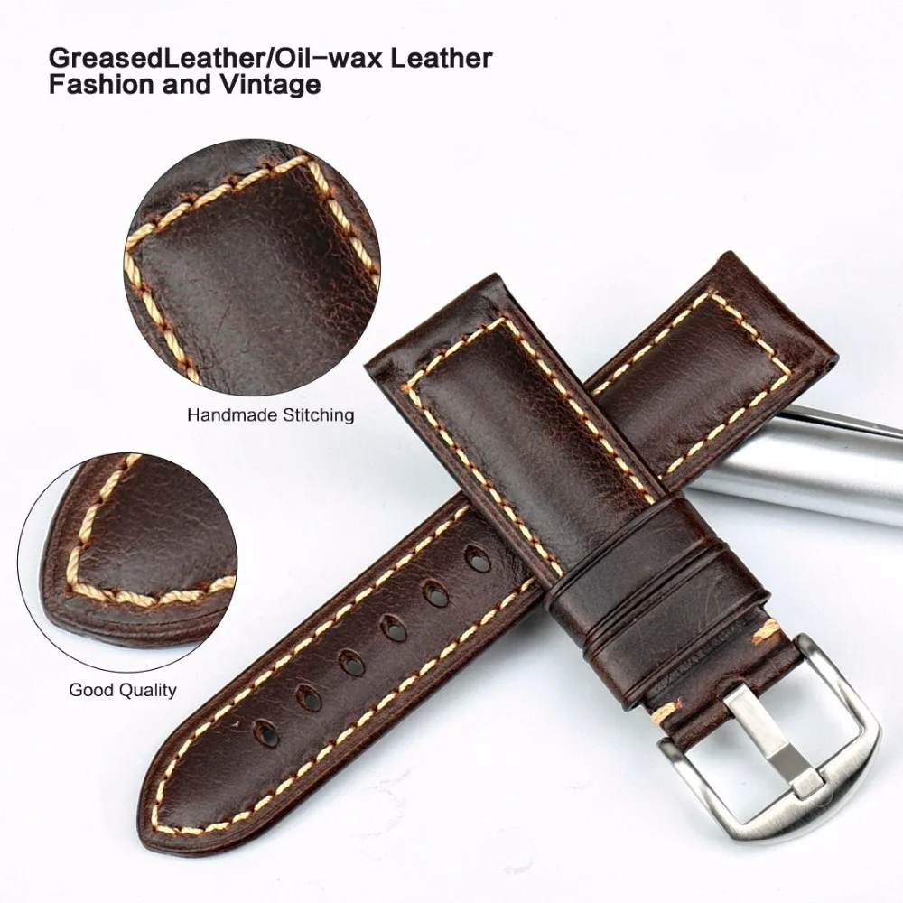 MAIKES Watch Accessories Oil Wax Leather Watch Strap 20mm 22mm 24mm Watch Band For Panerai Seiko Fossil Men Watchband