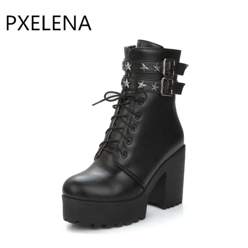 PXELENA/ботильоны с пряжкой и заклепками; женская обувь на толстой платформе; ботинки на высоком массивном каблуке; женская обувь; готические сапоги на шнуровке в стиле панк-рок