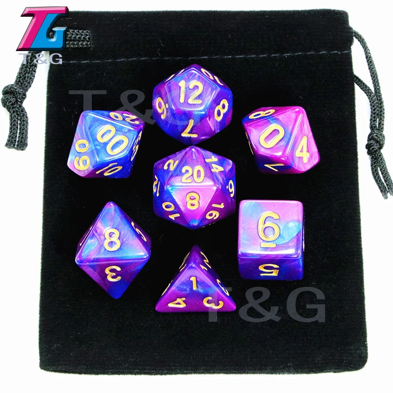 01 Purple 7 pcs кости с сумкой D& D d4, d6, d8, d10, d%, d12, d20 многогранные Настольная игра штук ролевой игры - Цвет: 01 Purple
