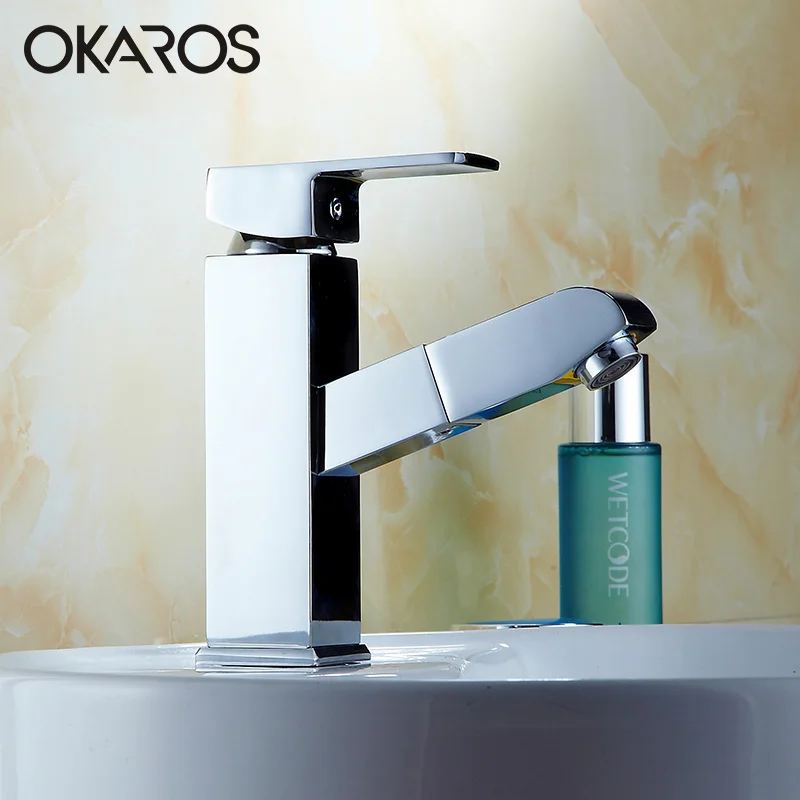 Современный Смеситель OKAROS для раковины в ванной комнате выдвижная