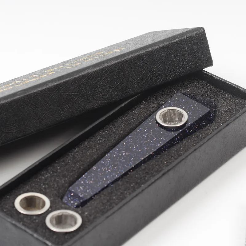 Blue Sand Stone Красивый натуральный синий золотой песок кристалл кварца курительная трубка табачная палочка исцеление+ коробка подарок - Цвет: Blue Sand Stone