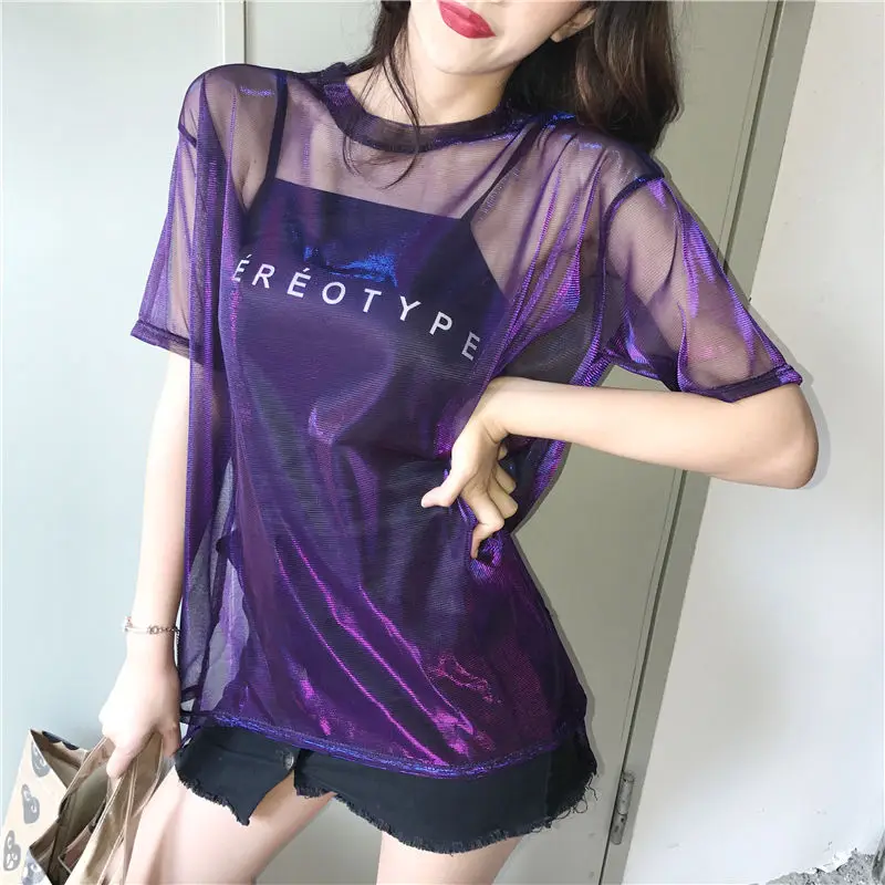 Electric Violet Foxmertor летний женский светильник из шелковой пряжи, сексуальная клубная футболка с коротким рукавом и круглым вырезом, розовый зеленый синий топ+ слинг - Цвет: Electric Violet