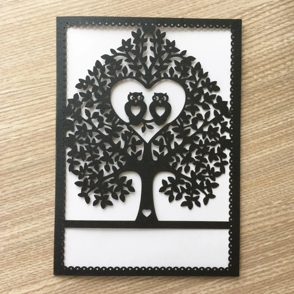 

50Pcs/Lot Champagne Gold Birds Tree Design Pearl Paper Card For Wedding Engagement Birthday Blessing Greeting Grand Event