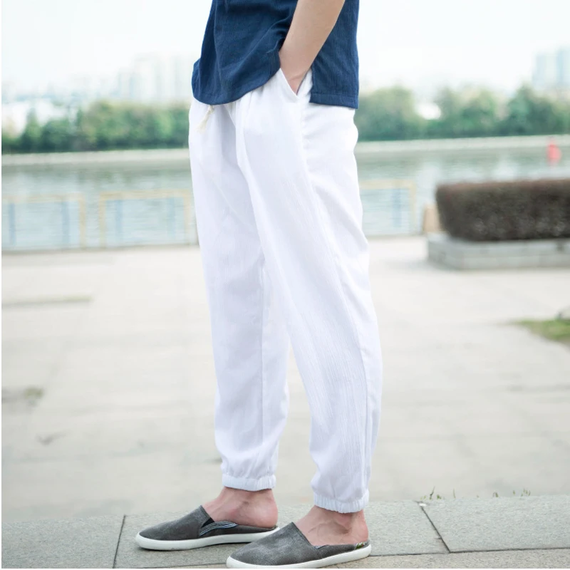 Мужские свободные брюки из льна и хлопка повседневные штаны для бега спортивные