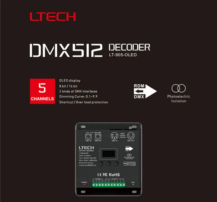 Светодиодный контроллер dmx декодера; DC12-24V вход; 5A* 5CH выход RGB/RGBW Led контроллер XLR-3/RJ45 8/16 бит 256/65536 серый уровень
