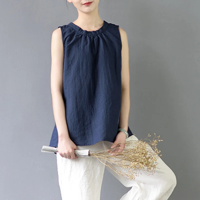 Navy Blue SCUWLINEN, женские летние топы, одноцветные, рами, свободные безрукавки, топы, Vestidos, повседневные женские блузки S359 - Цвет: Navy Blue