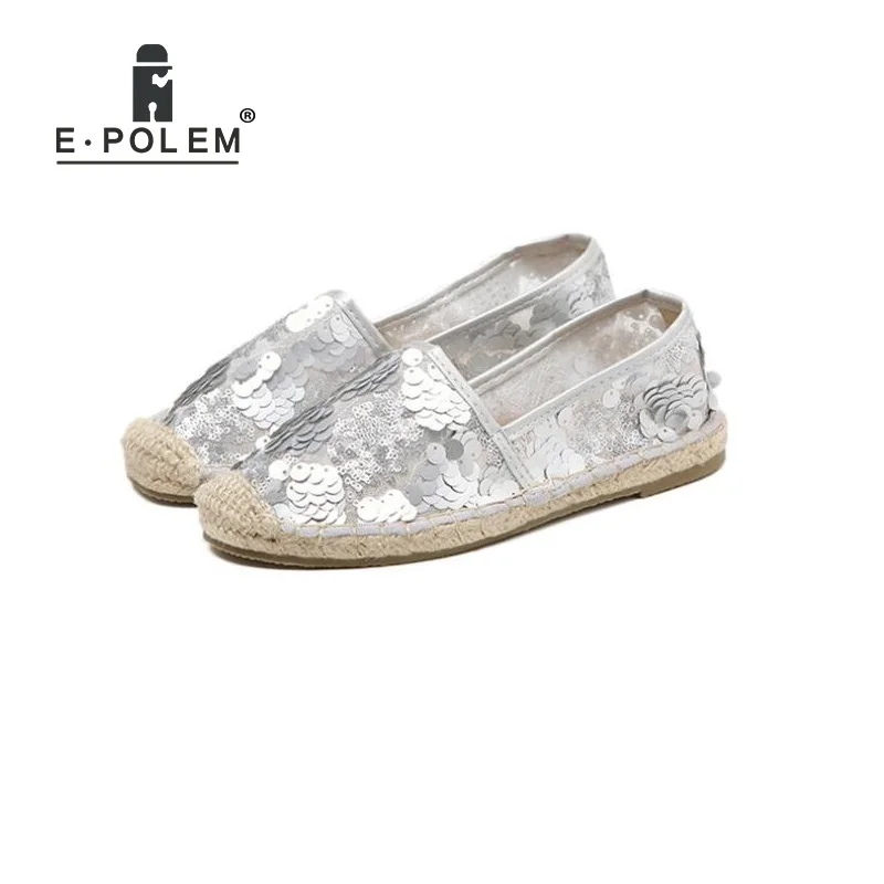 

New Linen Straw Sole Sequinned Fisherman Shoes Female Canvas Shoes Round Toe Casual Straw Shoes Lazy Shoes