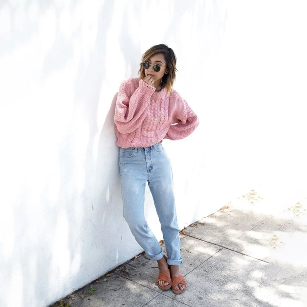 OMCHION Pull Femme 2018 Autumn Winter Twist Casual Women Sweaters And Pullovers O Neck Thick Pink Jumper Brand Knitwear LMM199 | Женская