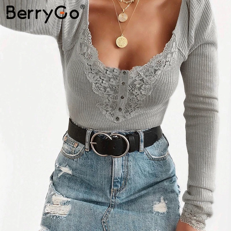 BerryGo кружевной женский Кнопка хлопок пуловер полосатый свитер Тонкий осень зима |