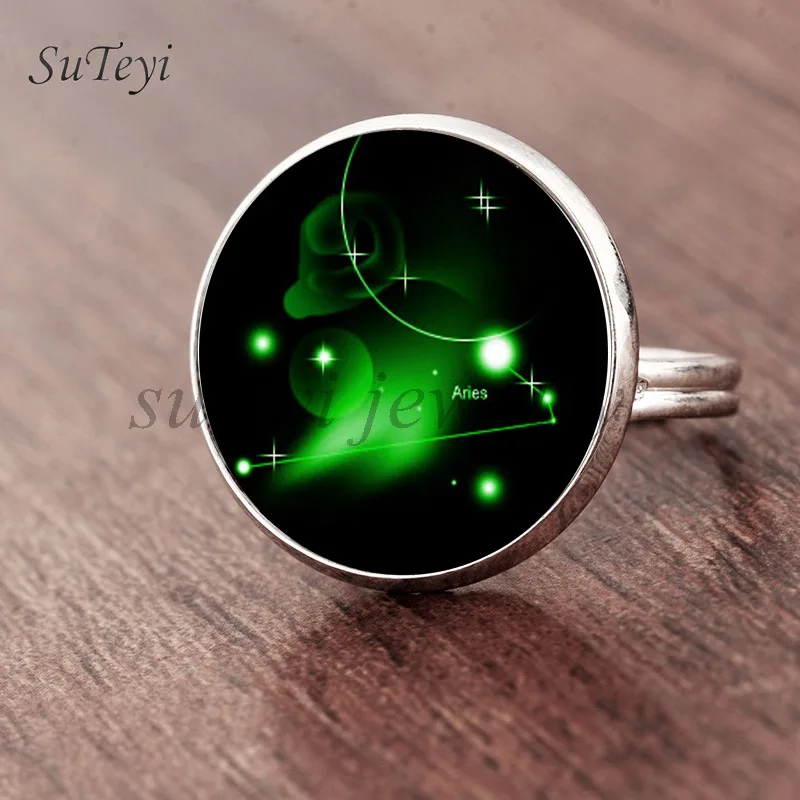 SUTEYI Ретро 12 кольцо созвездия DIY Овен, Телец Стрелец Gemimi Кристалл Кольца круглая картина под стеклом подарок ювелирные изделия - Цвет основного камня: silver  Aries