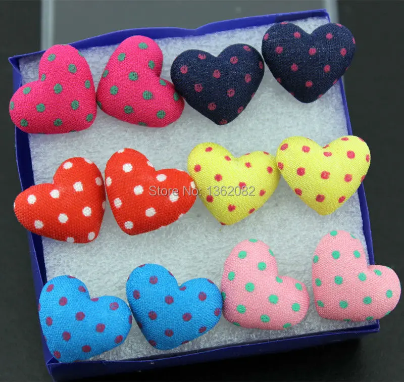 Оптовая продажа 6 пар милые серьги-гвоздики в горошек с пуговицами и сердечками