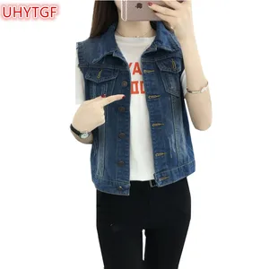 Куртка UHYTGF женская джинсовая, модный жилет из денима свободного покроя, универсальный короткий низ, синяя однобортная безрукавка, большие размеры 5XL, 90