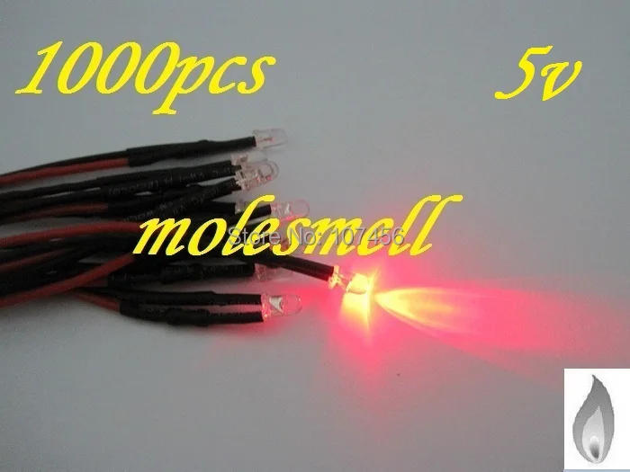 Free shipping 1000pcs 3mm red Flicker 5V Pre-Wired Water Clear LED Leds Candle Light 20CM