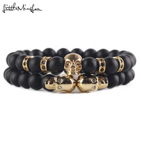2pcsset natural stone lava beads luxury punk cz skeleton skull charms handmade men bracelet for men bracelets bangles jewelry