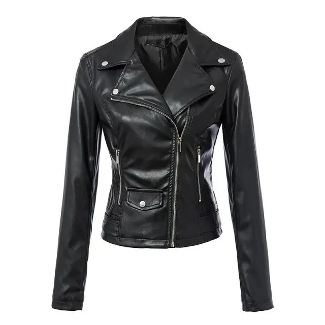 

Hitz European style waist Slim models zipper motorcycle leather short coat female