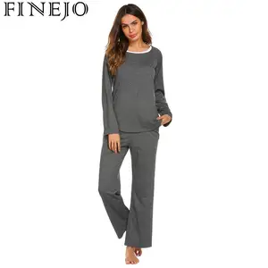 FINEJO женская пижама, осенняя однотонная, повседневная, с круглым вырезом, с длинным рукавом, новая модная, свободная, хлопковая, удобная, Feminina, комплект одежды для сна