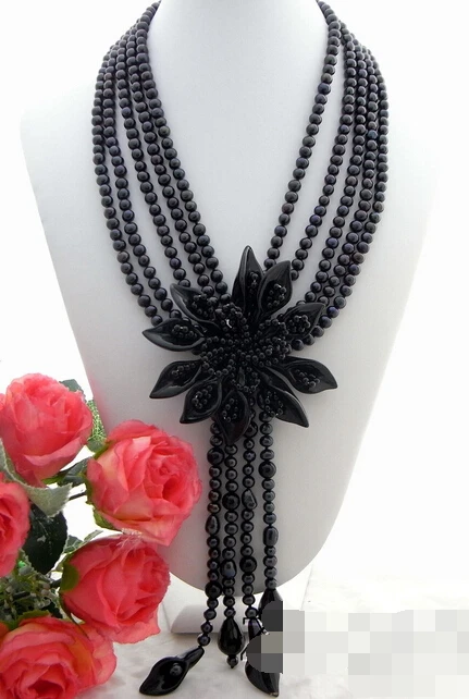 Hot sell ->@@ AS3650 5Strds Black Pearl&Onyx Necklace -Top quality free shipping | Украшения и аксессуары