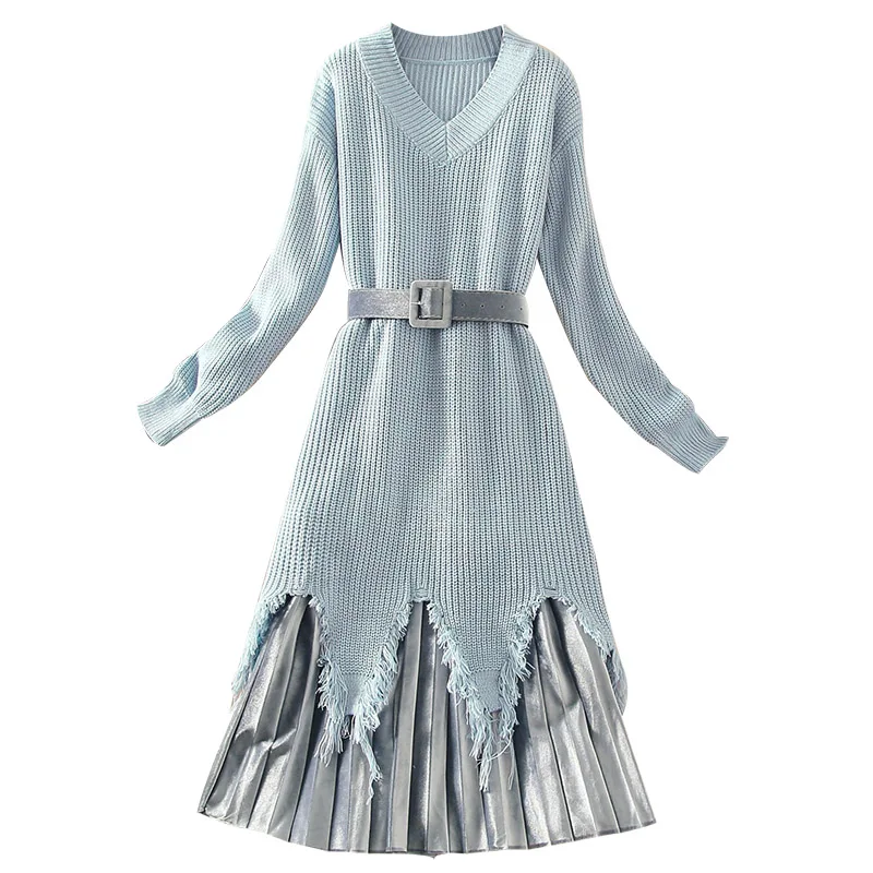 Женское платье свитер в рубчик ALPHALMODA комплект из 2 предметов с поясом на талии и