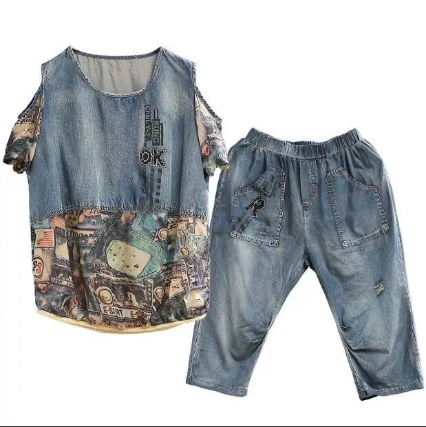Summer 2018 Luxury Korean Girls Jeans Streetwear Women Two Pieces Set Denim Tops Tracksuit Woman Outfits Clothes Roupas A745 | Женская