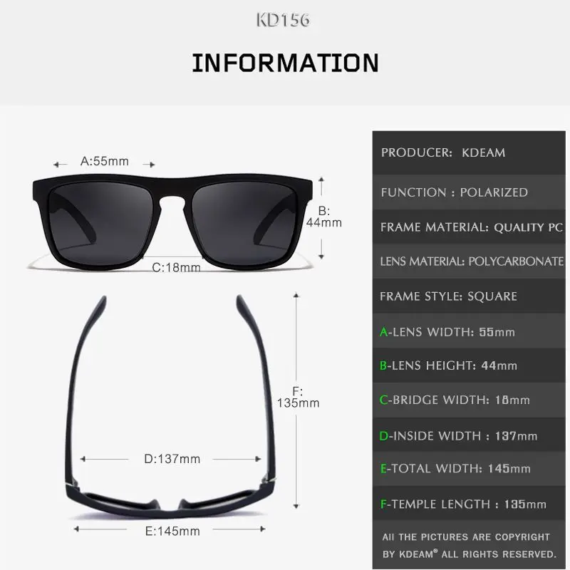 Мужские спортивные солнцезащитные очки KDEAM поляризационные квадратные с цветным