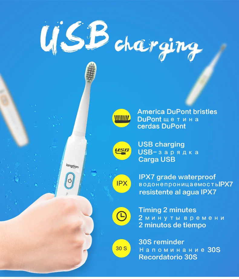 

Langtian Sonic Electric Toothbrush Ultrasonic Smart USB Rechargeable Waterproof Adult Toothbrush Heads Cleaning Whitening