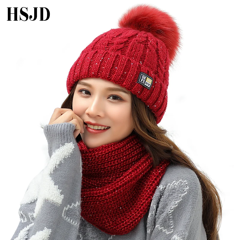 Модные вязаные шапки с блестками шарф комплект из 2 шт. женская зимняя шапка