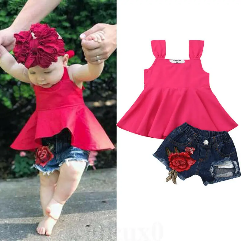 

2021 Newborn Infantil Baby Girls Clothes Solid T-shirt Vest Tops+Rose Denim Shorts Pants Summer Girl Set Outfit Clothes 6M to 5Y