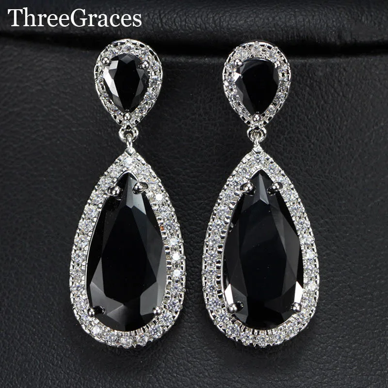 ThreeGraces Роскошные красные капли воды CZ Diamante серебро цвет длинные висячие серьги Вечеринка ювелирные изделия для женщин ER304 - Окраска металла: black