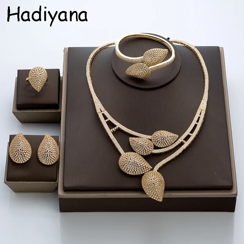 Hadiyana African Big Oval Jewelry Set With Cubic Zicons New Necklace Earrings Bracelet Ring 4pcs Bridesmaid Wedding Sets TZ8019