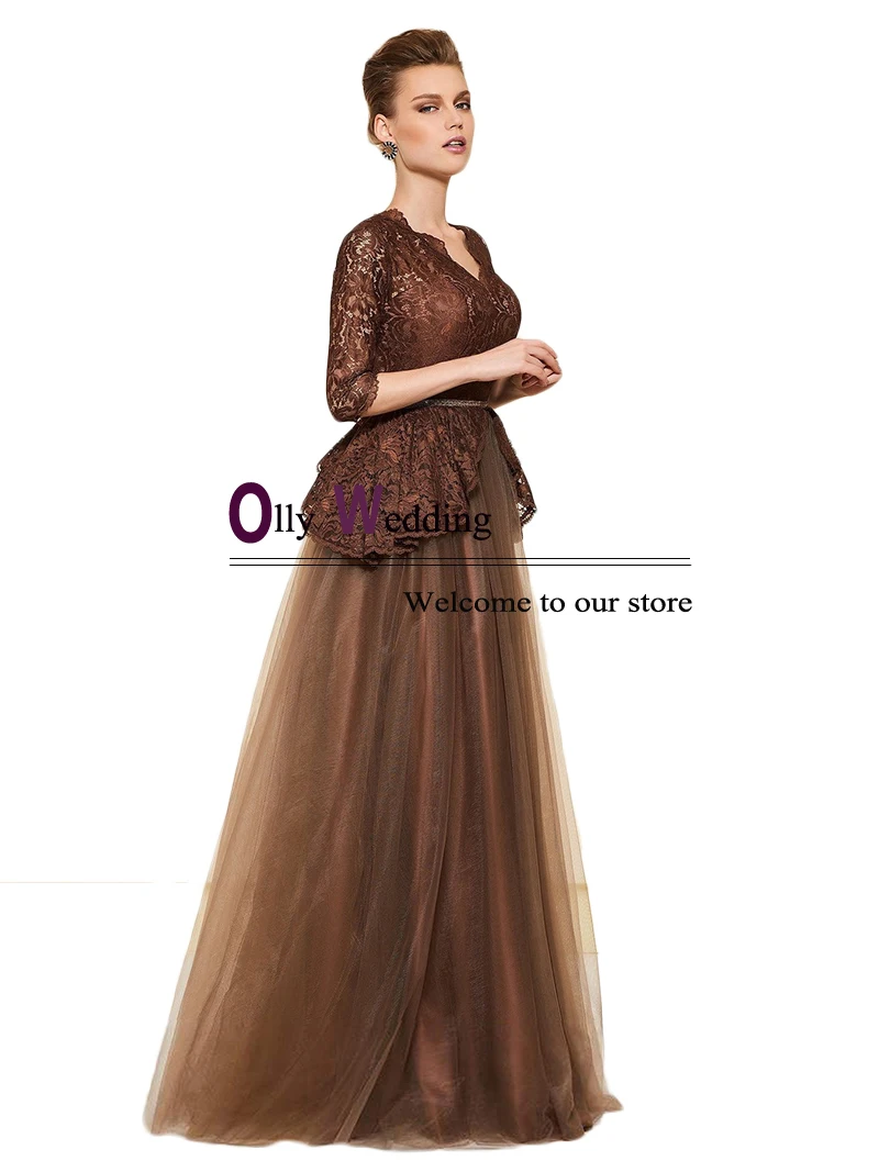 Коричневые платья в пол для матери невесты вечерние из тюля с рукавами три
