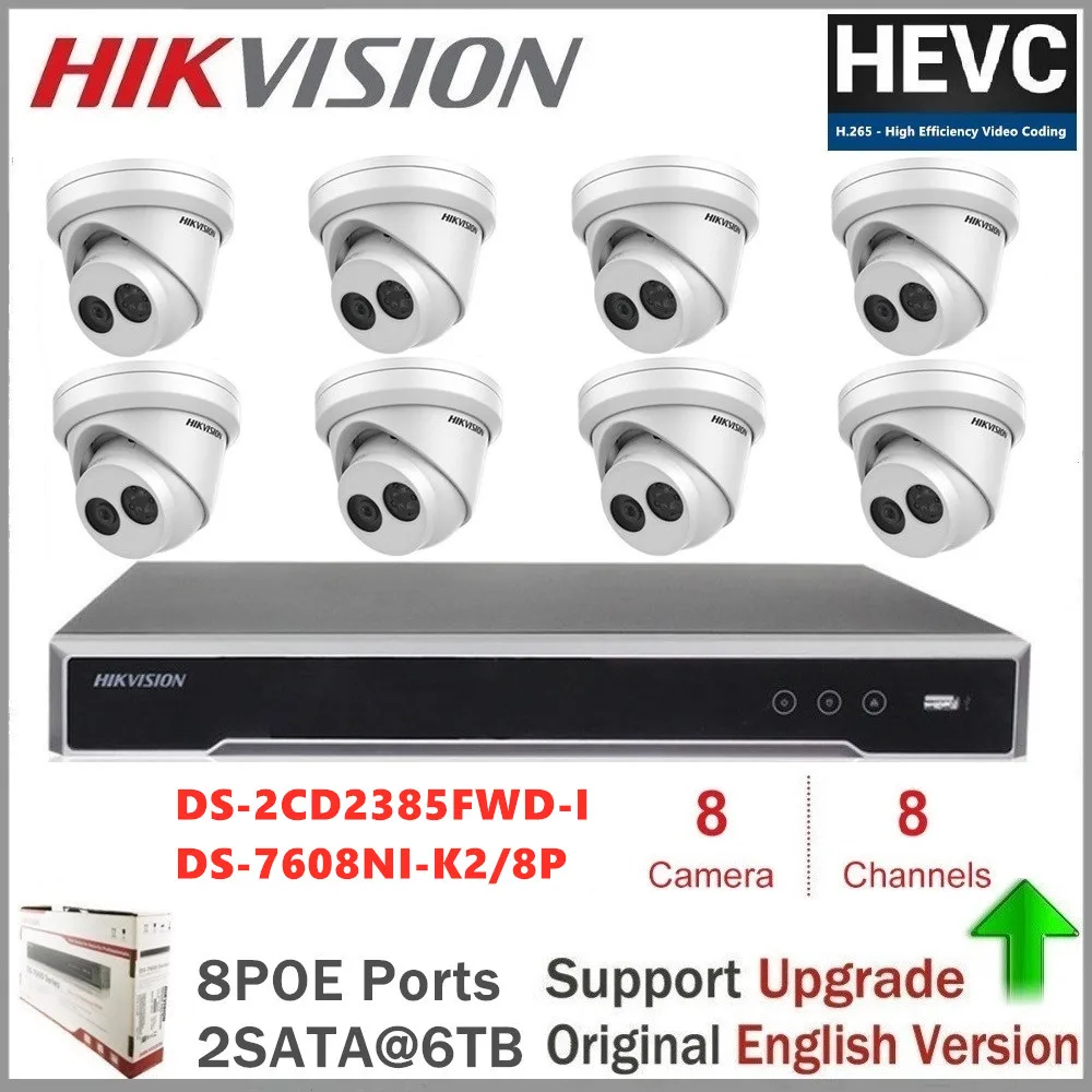 

Комплект видеонаблюдения Hikvision, купольная камера безопасности с функцией ночного видения, 8 Мп, DS-2CD2385FWD-I и 8 каналов, 4K, POE, NVR, IP