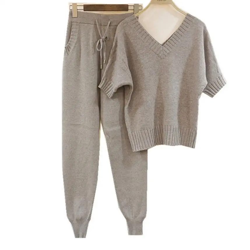 Зимний шерстяной + кашемировый вязаный теплый костюм с V образным вырезом