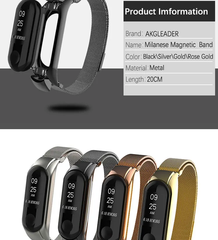 AKGLEADER For Xiaomi Band Mi 3 Milanese Bracelet Metal Strap Band With Case Smart Watchband For Xiaomi Mi Band 4 Correas de relo